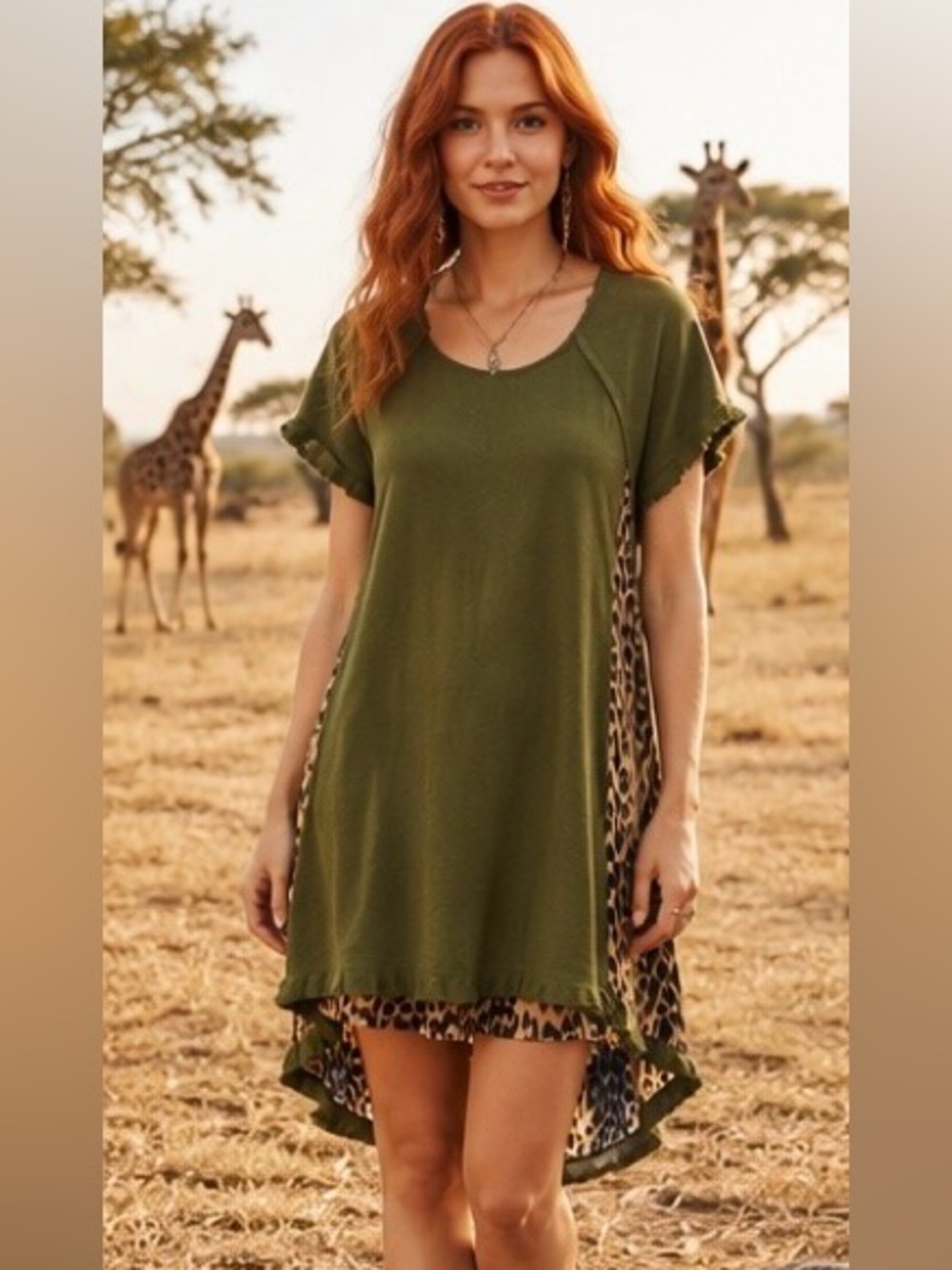 NWT Umgee Olive Linen Blend Leopard Print High Low Boho Dress Frayed Hem Small